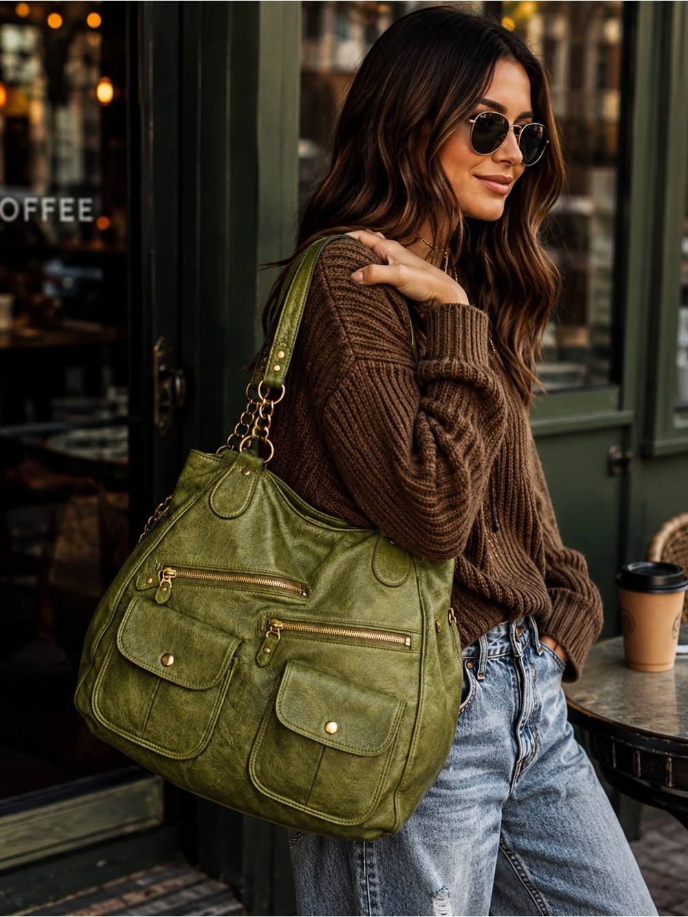 Arlo Olive Green Leather Shoulder Bag Gold Chain Strap Slouchy Hobo Luxe
